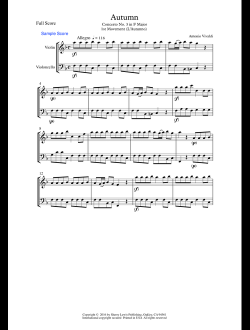 AUTUMN, Allegro by Vivaldi String Duo, Intermediate Level for violin and cello (Arr. Sherry Lewis) - Antonio Vivaldi (Instrumental Duet)