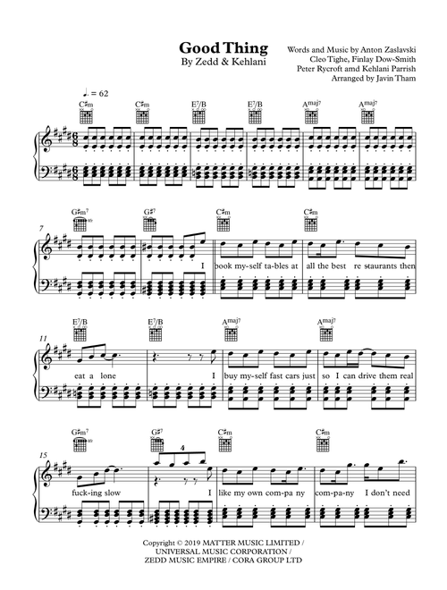 Good Thing (Arr. Javin Tham) - Zedd & Kehlani (Piano Vocal)