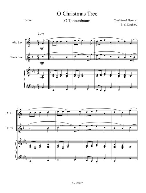 O Christmas Tree (O Tannenbaum) for Alto and Tenor Sax Duet with Piano Accompaniment (Arr. B. C. Dockery) - Traditional (Instrumental Duet and Piano)