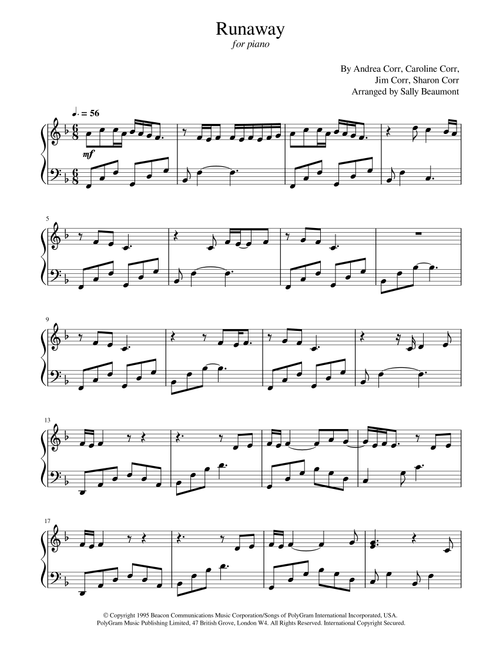 Runaway (Arr. Sally Beaumont) - The Corrs (Piano Solo)