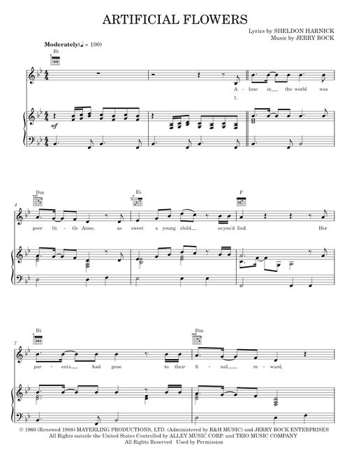 Artificial Flowers - Bobby Darin, Bock & Harnick, Tenderloin Musical, The Beautiful South (Piano-Vocal-Guitar)