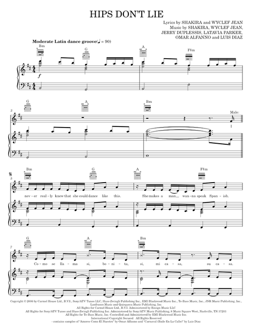 Hips Don't Lie - Shakira, Shakira featuring Wyclef Jean, Wyclef Jean (Piano-Vocal-Guitar)