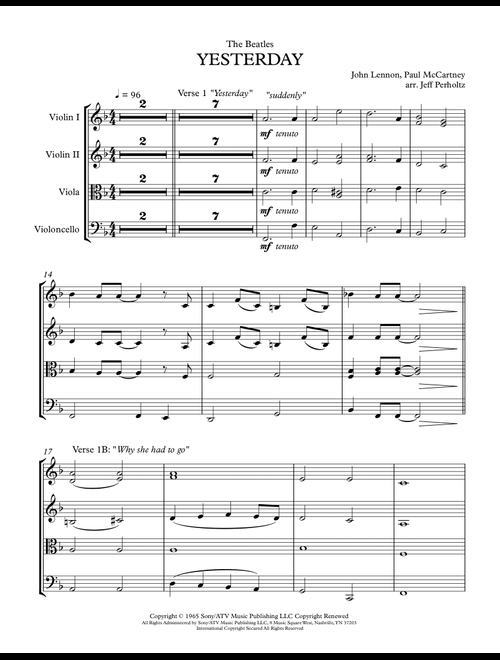 Yesterday (Arr. Jeff Perholtz) - The Beatles, En Vogue, Adam Levine & Tony Lucca (String Quartet)