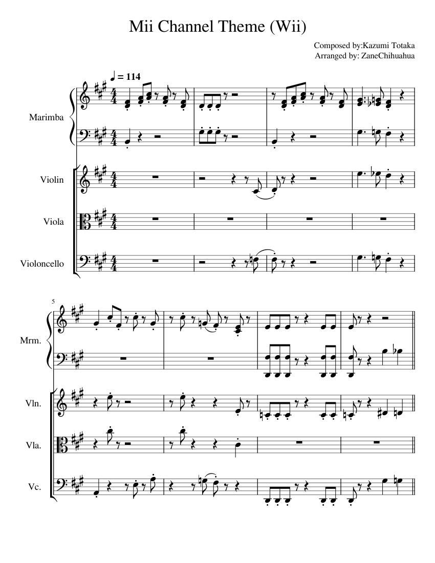 Mii Channel Theme (Wii) – Kazumi Totaka Sheet Music for Violin, Viola ...