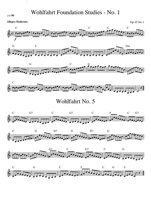 Wohlfhahrt Exercises 1, 5, 8, 12, and 20