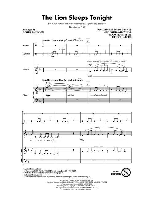 The Lion Sleeps Tonight (Arr. Roger Emerson) - Hugo Peretti, Luigi Creatore, George David Weiss (Choral, 3-Part Mixed)