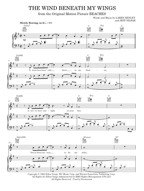 Wind Beneath My Wings, The - Bette Midler (Piano-Vocal-Guitar)