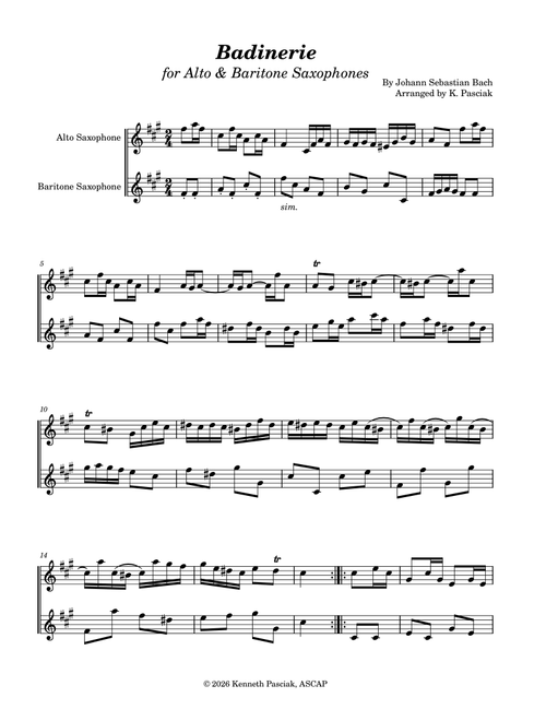 Badinerie (for Alto & Baritone Saxophones) (Arr. Kenneth Pasciak) - Johann Sebastian Bach (Saxophone Duet)