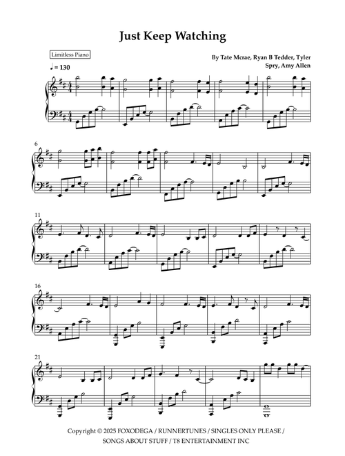 Just Keep Watching (Arr. Limitless Piano) - Tate McRae (Piano Solo)