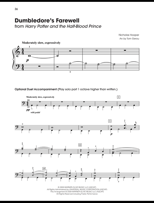 Dumbledore's Farewell (from Harry Potter) (arr. Tom Gerou) - Nicholas Hooper (5-Finger Piano)