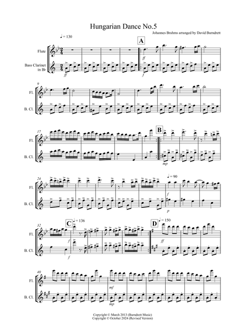 Hungarian Dance No.5 for Flute and Bass Clarinet Duet (Arr. David Burndrett) - Johannes Brahms (Instrumental Duet)