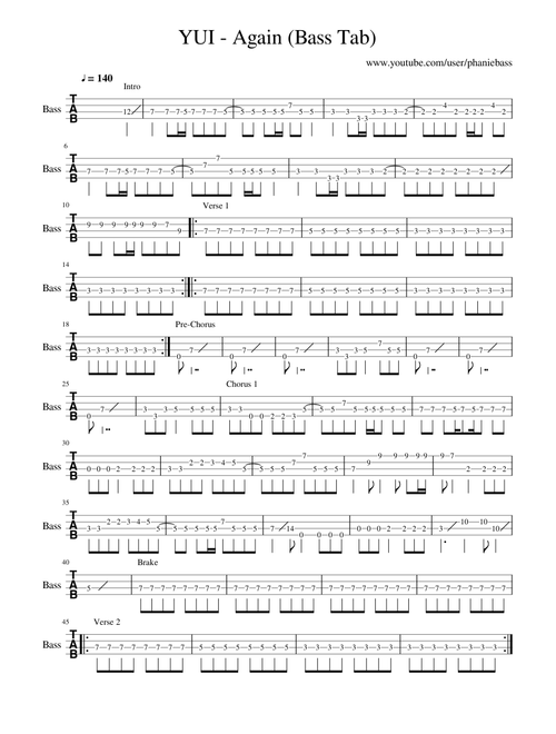 YUI - Again (Bass Tab)
