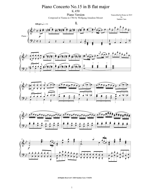 Mozart - Piano Concerto No.15 in B flat major K.450 - Piano Version (Arr. Santino Cara) (Piano Solo)