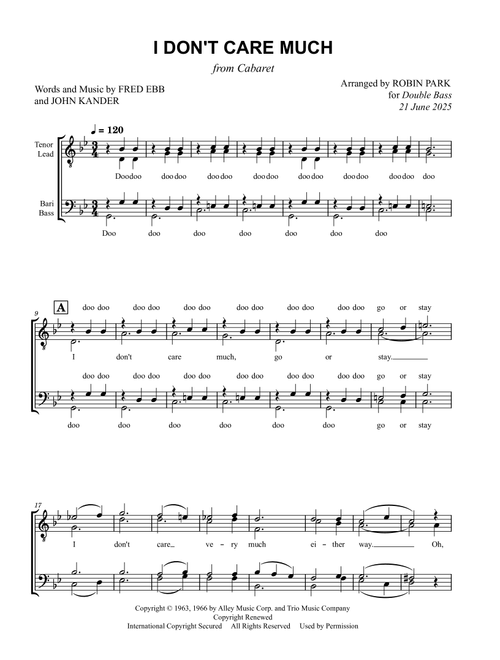 I Don't Care Much (Arr. Robin Park) - John Kander, Fred Ebb (Barbershop Quartet)