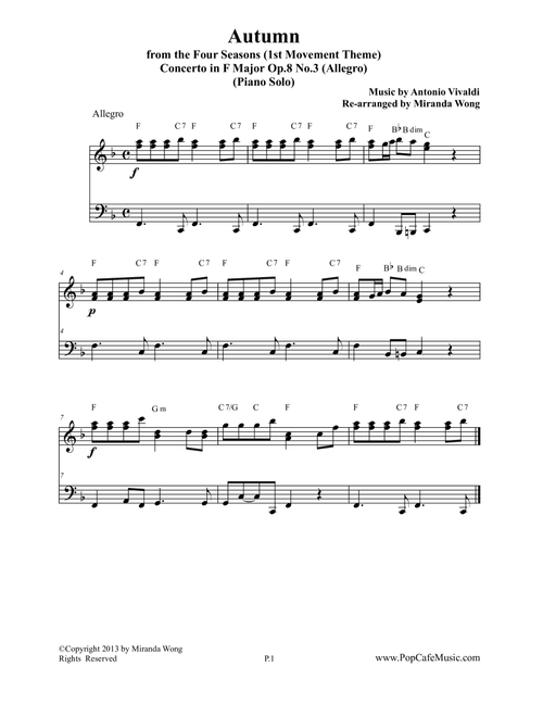 Autumn from "The Four Seasons" - Original F Key for Piano Solo (Arr. Miranda Wong) - Antonio Vivaldi (Instrumental Duet)