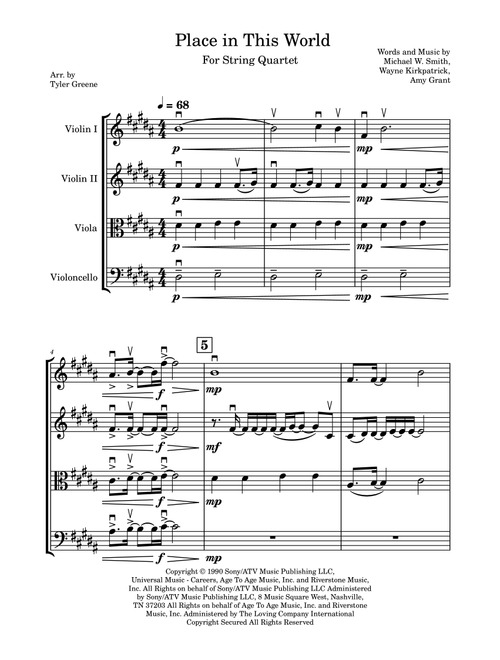 Place In This World (Arr. Tyler Greene) - Michael W Smith (String Quartet)