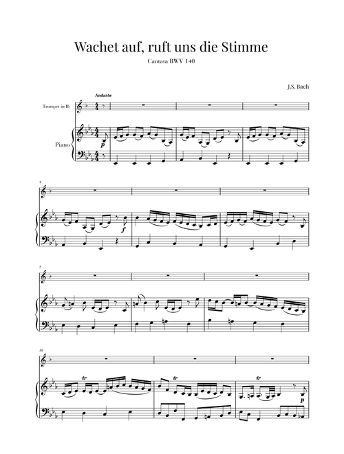Bach - Wachet auf, ruft uns die Stimme BWV 140 (for Trumpet and Piano) (Arr. Cadenza Editions) - Johann Sebastian Bach (Trumpet and Piano)