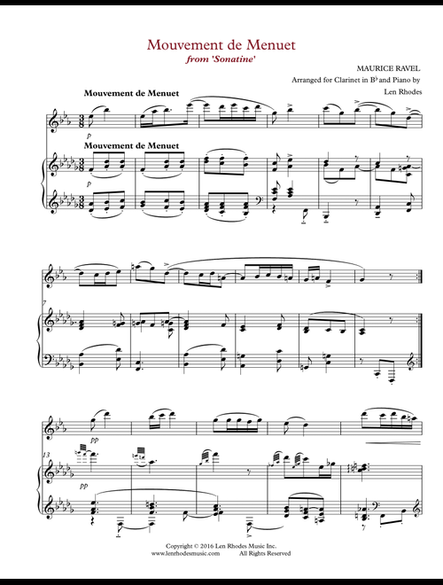 Ravel - "Mouvement de Menuet", from 'Sonatine', for Clarinet and Piano (Arr. Len Rhodes) - Maurice Ravel (Clarinet and Piano)