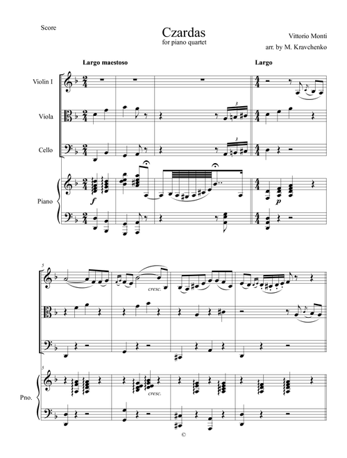 Vittorio Monti - Czardas arr. for piano quartet (score and parts) (Arr. Maksym Kravchenko) (String Ensemble)