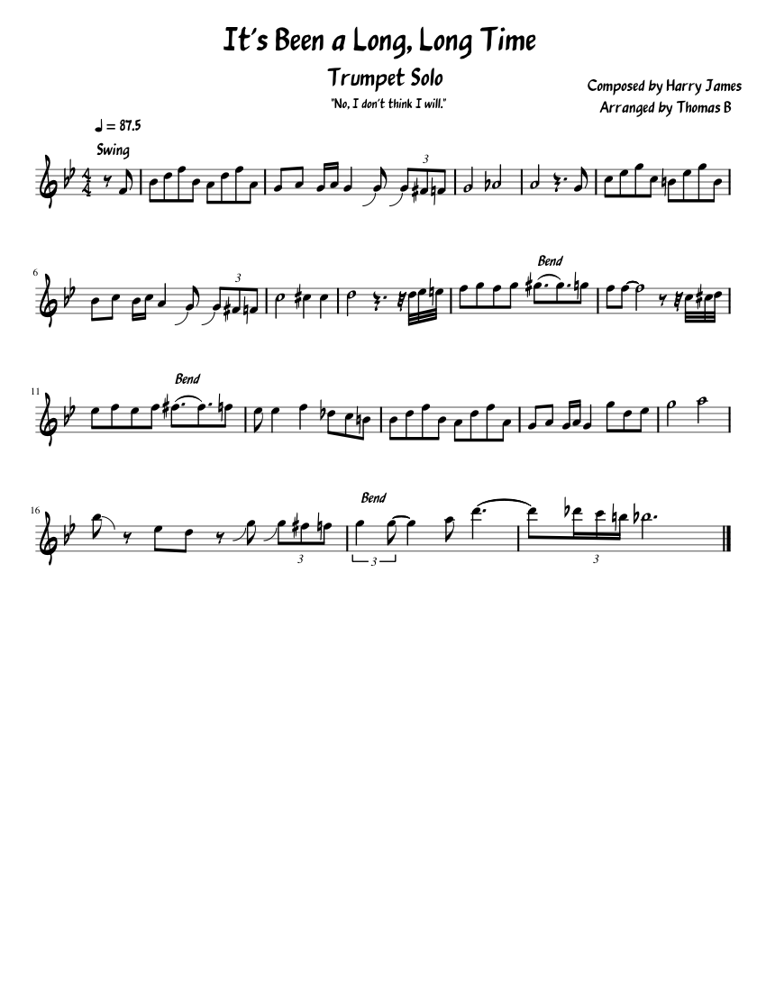 It's Been A Long, Long Time - Trumpet Solo by Harry James Sheet Music for Trumpet in b-flat ...