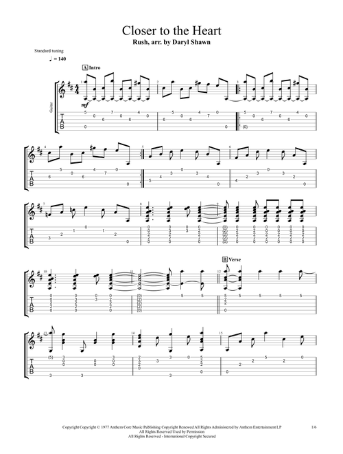 Closer To The Heart (Arr. Daryl Shawn) - Rush (Guitar Tab)