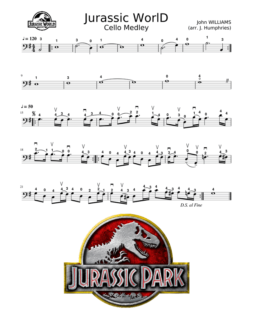EASY Jurassic World and Park Theme Medley Cello Solo Sheet music for