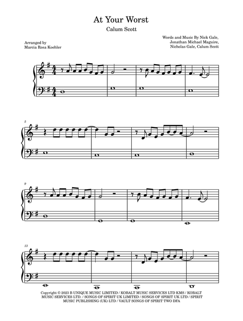 At Your Worst (Arr. Marcia Rosa Koehler) - Callum Scott (Easy Piano)