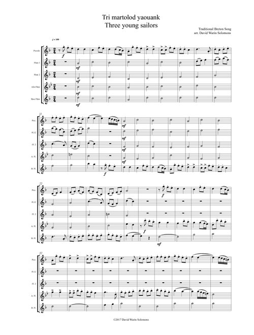 Tri Martolod Yaouank (Three young sailors) for flute quintet (incl piccolo) (Arr. David Warin Solomons) - Traditional (Woodwind Ensemble)