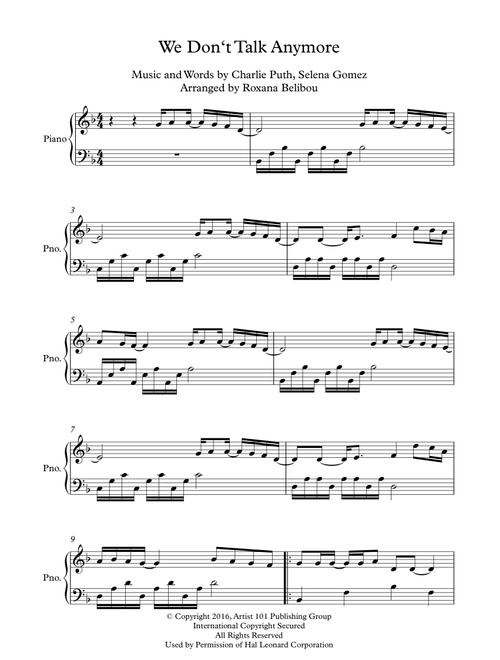 We Don't Talk Anymore (Arr. Roxana Belibou) - Charlie Puth feat. Selena Gomez (Piano Solo)