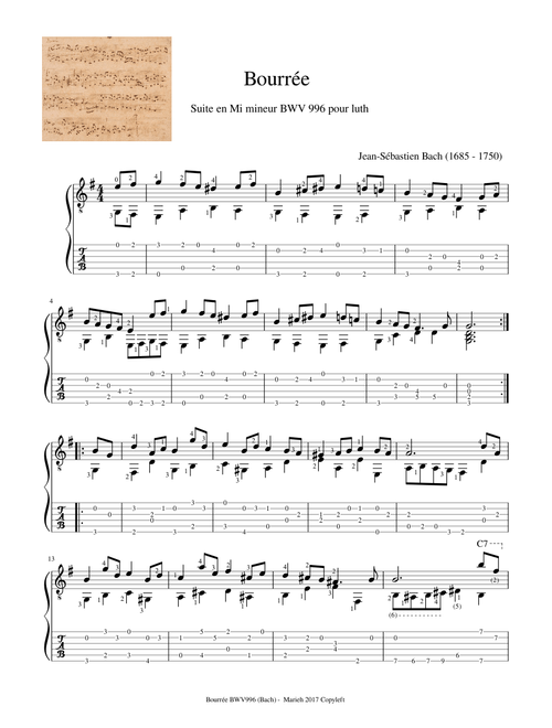 Bourrée BWV 996 - JS. Bach (1685 - 1750) - Tablature