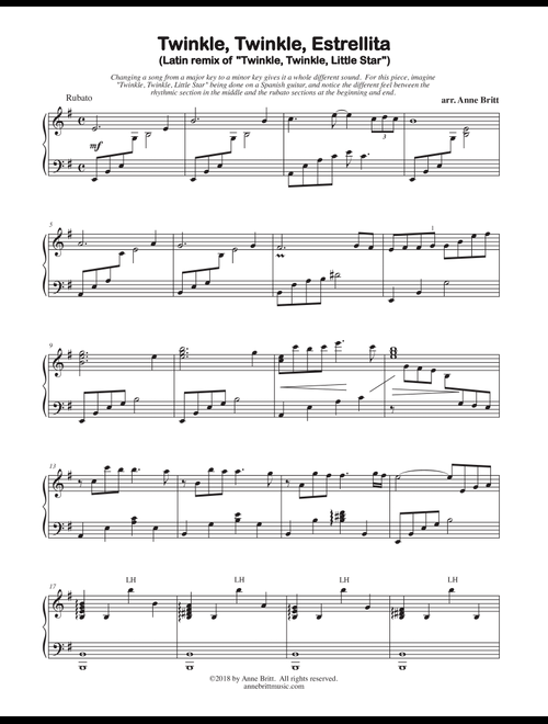 Twinkle, Twinkle, Estrellita (Latin remix of "Twinkle, Twinkle, Little Star") - intermediate version (Arr. Anne Britt) (Piano Solo)