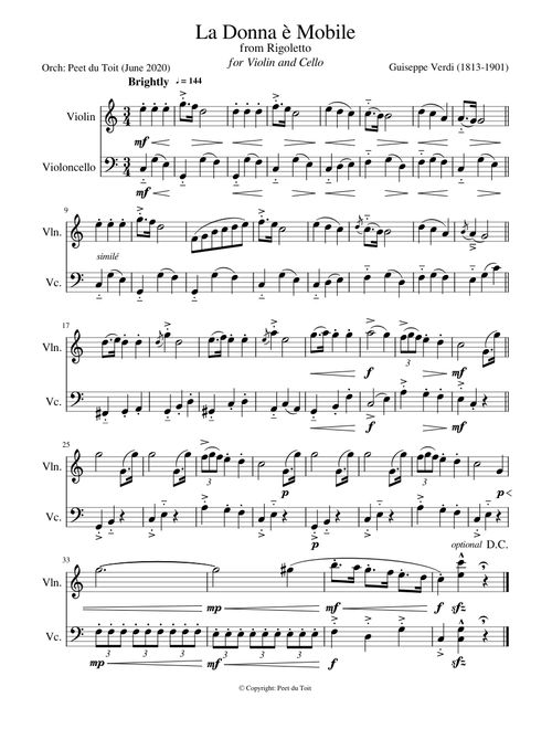 La Donna è Mobile from Rigoletto - G Verdi (Violin & Cello)