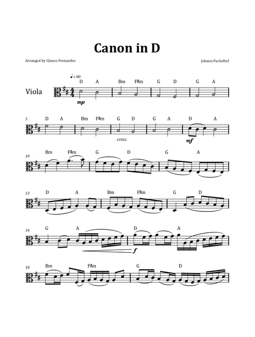 Canon by Pachelbel - Viola & Chord Notation (Arr. Glauco Fernandes) - Johann Pachelbel (Viola Solo)