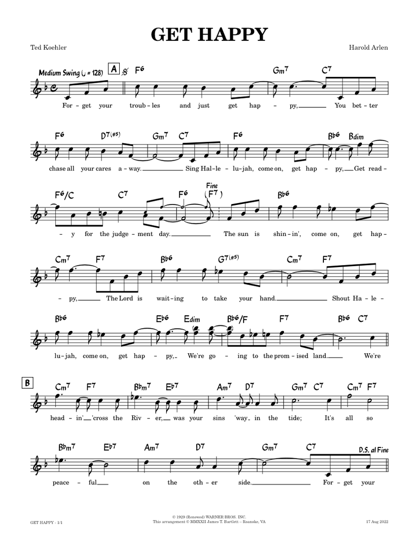 Get happy lead sheet f harold arlen ted koehler sheet music for