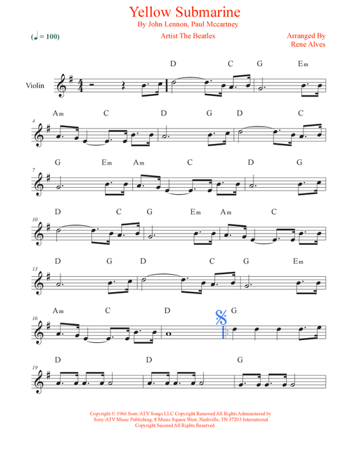 Yellow Submarine (Arr. Rene Alves) - The Beatles (Violin Solo)
