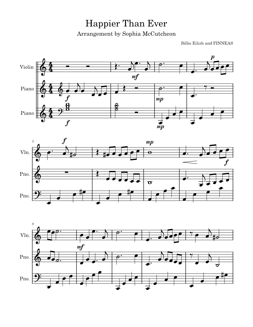 Happier Than Ever – Billie Eilish For Violin and Piano Sheet music for