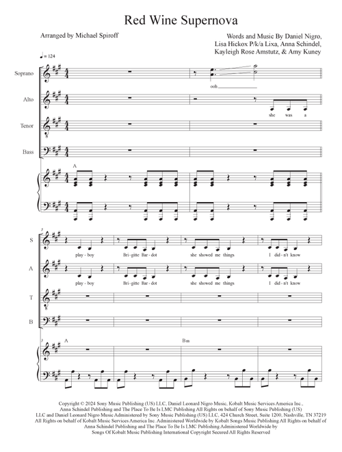 Red Wine Supernova (Arr. Michael Spiroff) - Chappell Roan (Choral, SATB divisi)