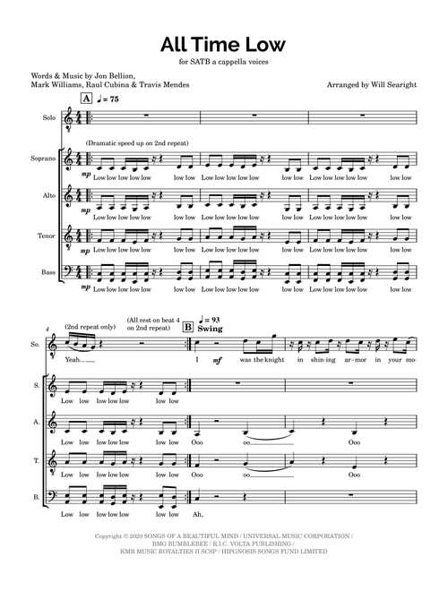 All Time Low (Arr. Will Searight) - Jon Bellion (Choral, SATB)