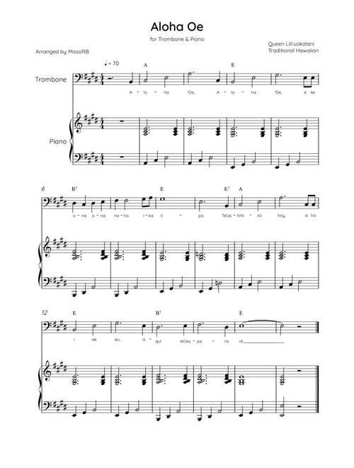 Aloha Oe - Trombone & Piano in E Major Easy With Lyrics & Chords (Arr. MissoRB) - Queen Liliʻuokalani (Trombone and Piano)