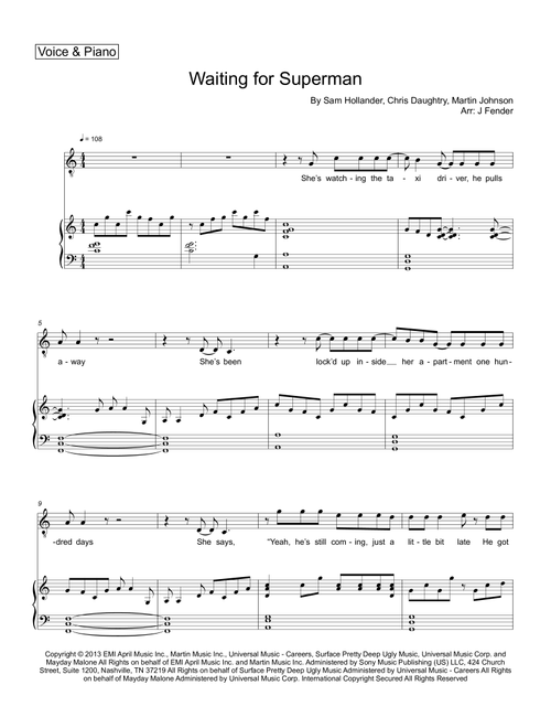 Waiting For Superman (Arr. Jerremy Fender) - Daughtry (Piano Vocal)