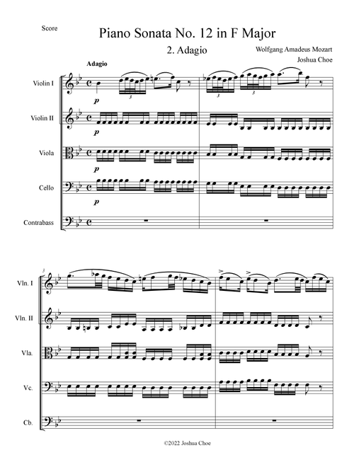 Piano Sonata No. 12 in F Major, Movement 2 (Arr. Joshua Choe) - Wolfgang Amadeus Mozart (Orchestra)