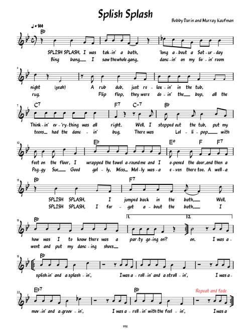Splish Splash (Lead sheet with lyrics )