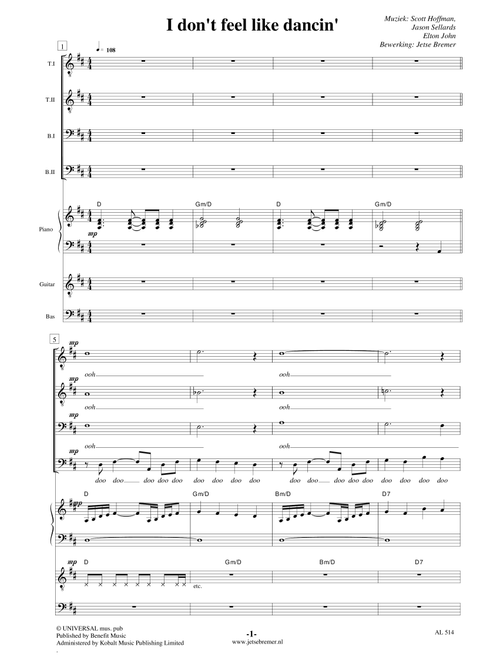 I Don't Feel Like Dancin' (Arr. Jetse Bremer) - Scissor Sisters (Choral, SATB divisi)