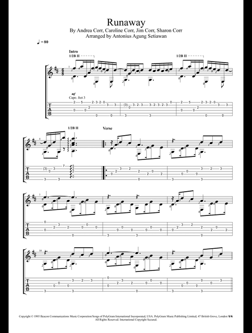 Runaway (Arr. Antonius Agung Setiawan) - The Corrs (Guitar Tab)