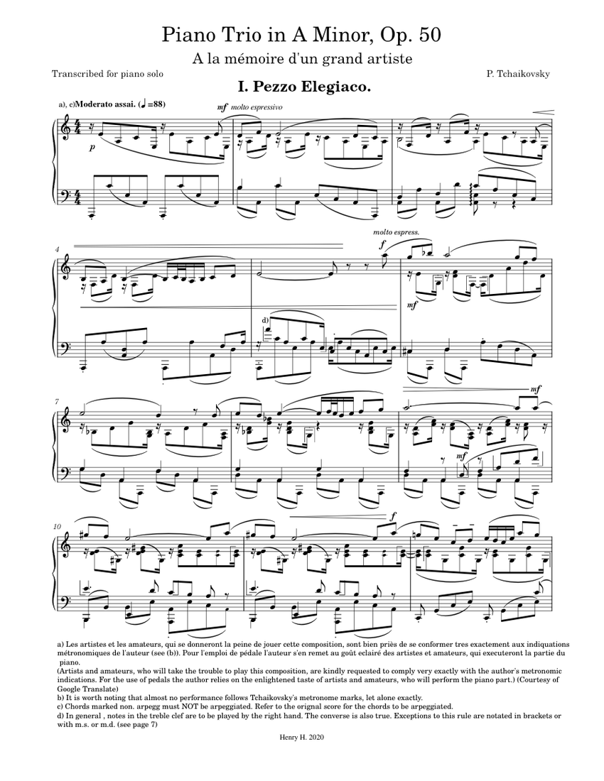 Piano Trio in A Minor, Op. 50 - Tchaikovsky -for Piano Solo