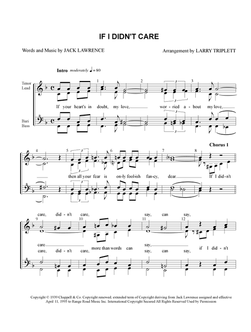 If I Didn't Care (Arr. Larry Triplett) - Jack Lawrence (Choral, SSAA)