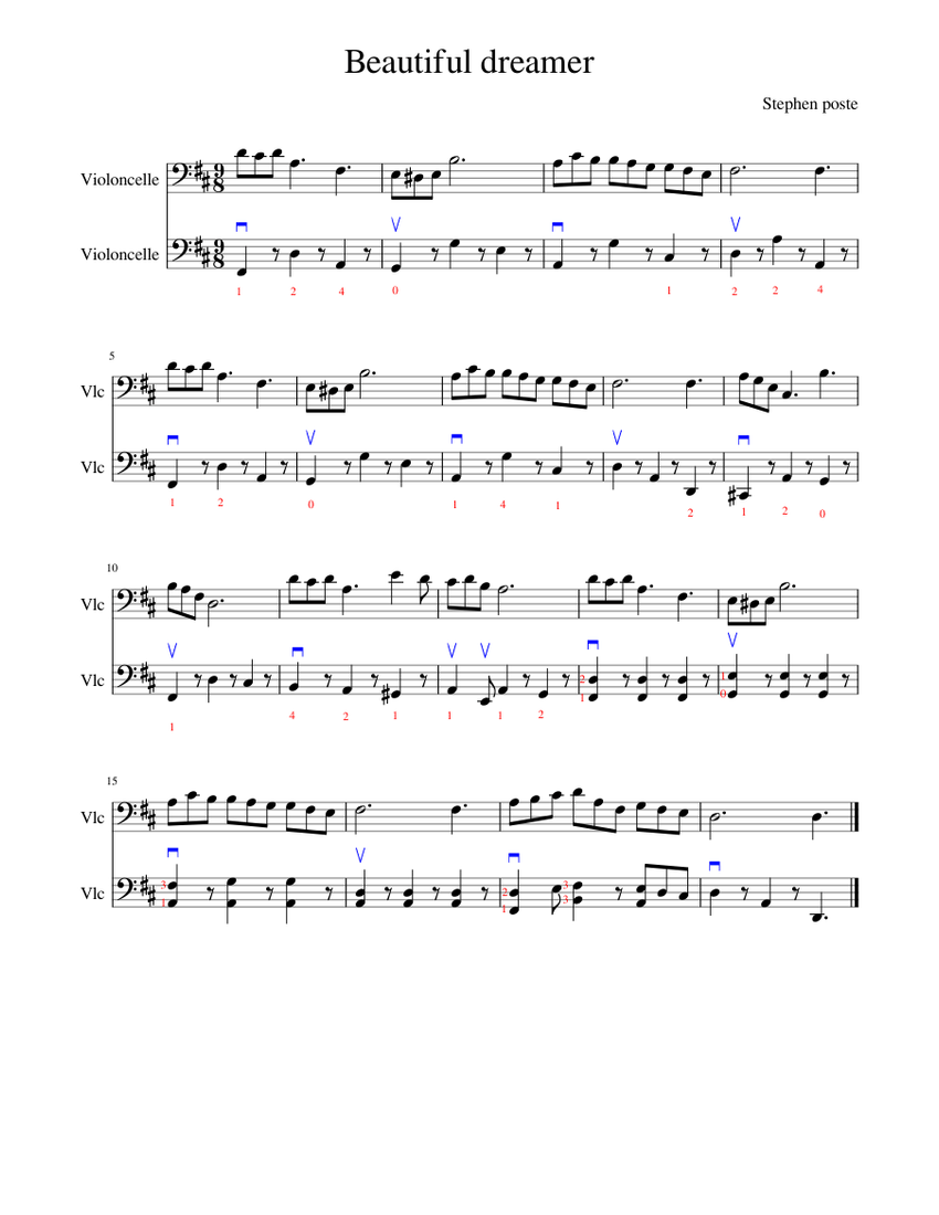 Beautiful dreamer Sheet Music for Cello (String Duet) | MuseScore.com