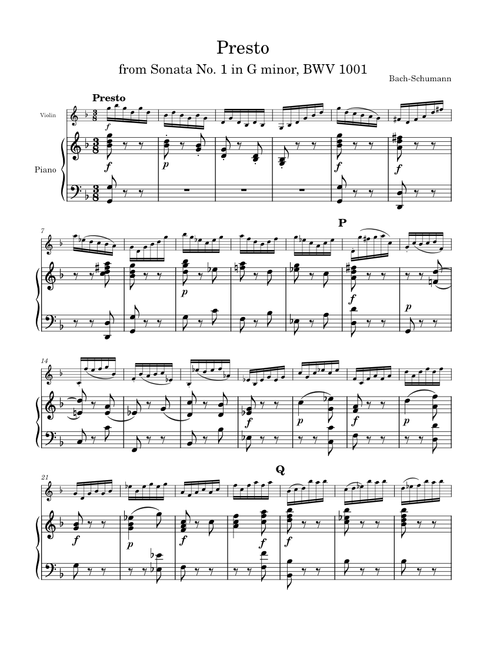 Presto from Sonata No. 1 BWV 1001 by Bach-Schumann for Violin and Piano