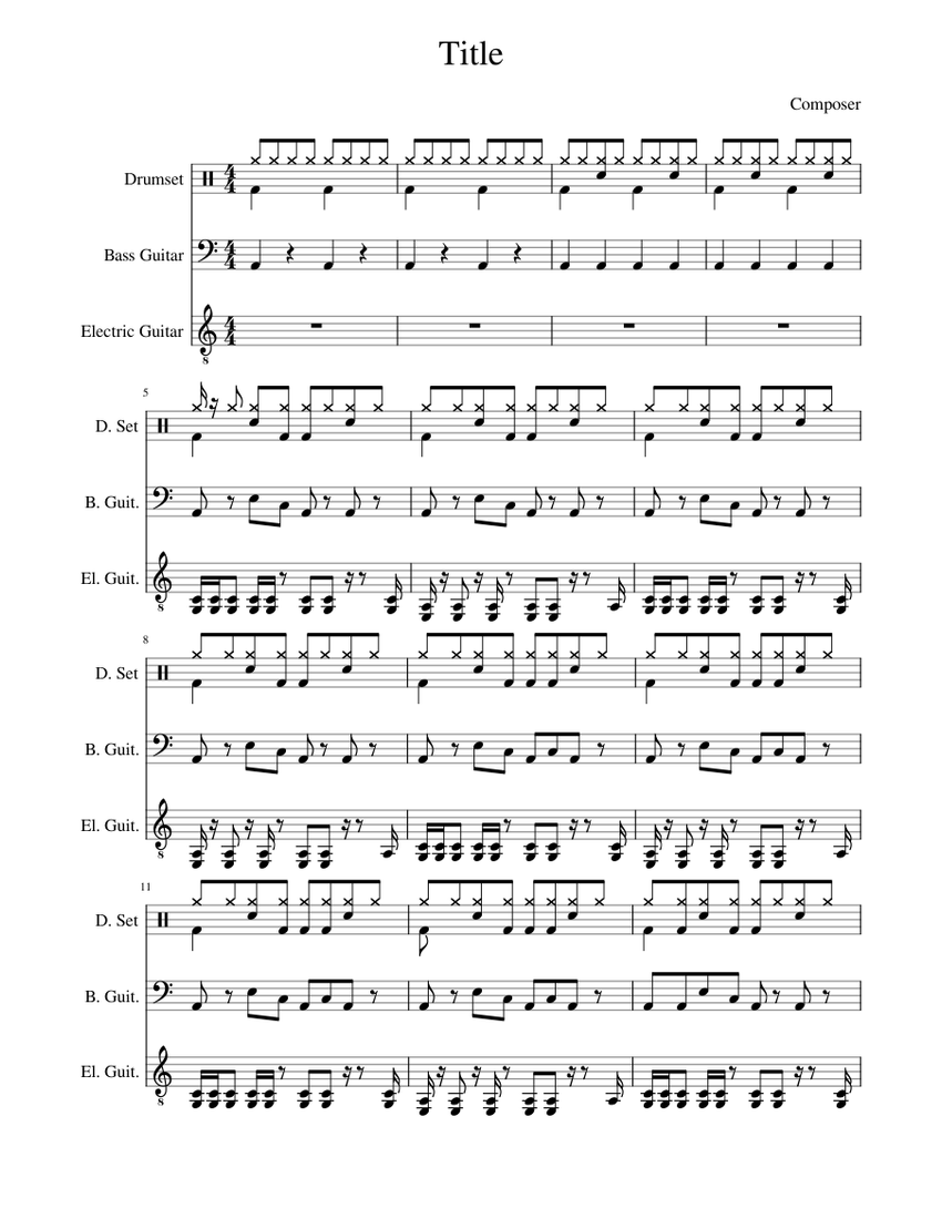 Rock Example Sheet Music for Guitar, Bass guitar, Drum group