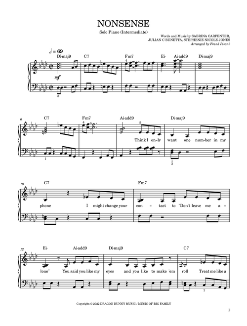 Nonsense (Arr. Frank Pisani) - Sabrina Carpenter (Piano Solo)